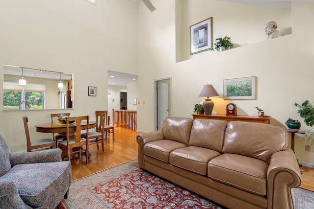 living room featuring a high ceiling and light hardwood / wood-style flooring