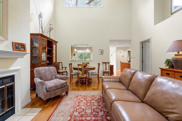 living room with a wealth of natural light, light hardwood / wood-style floors, and a towering ceiling