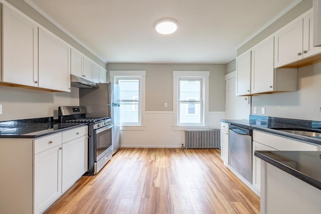 kitchen with appliances with stainless steel finishes, a sink, radiator heating unit, under cabinet range hood, and light wood-style flooring