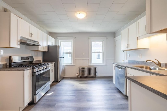 kitchen featuring appliances with stainless steel finishes, a sink, radiator, dark wood-type flooring, and under cabinet range hood