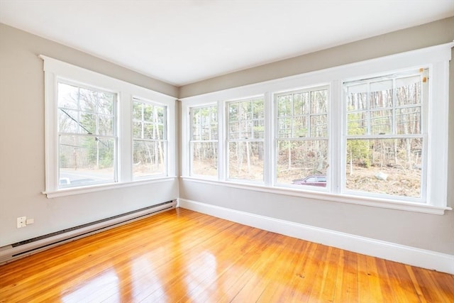 empty room with baseboards, baseboard heating, and light wood-style floors