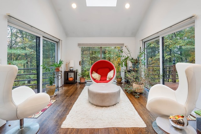 sunroom / solarium featuring a healthy amount of sunlight and vaulted ceiling with skylight