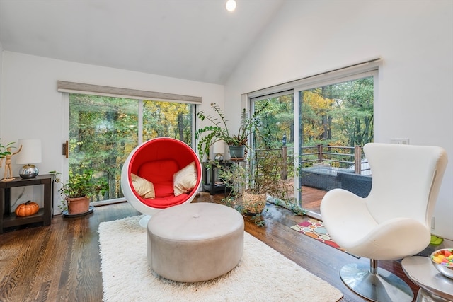 sitting room with dark hardwood / wood-style floors and high vaulted ceiling