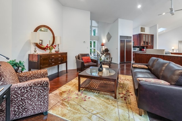 living room featuring high vaulted ceiling and dark wood-type flooring