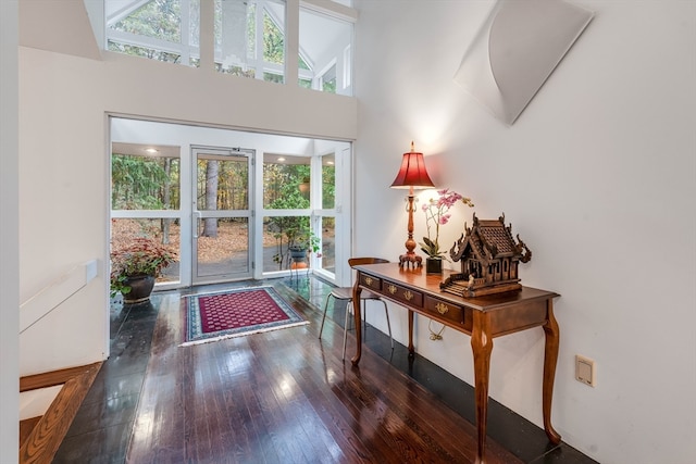 doorway to outside with dark hardwood / wood-style flooring, high vaulted ceiling, and a wealth of natural light