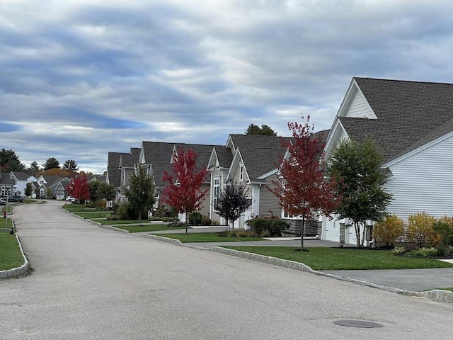 view of street with a residential view and curbs