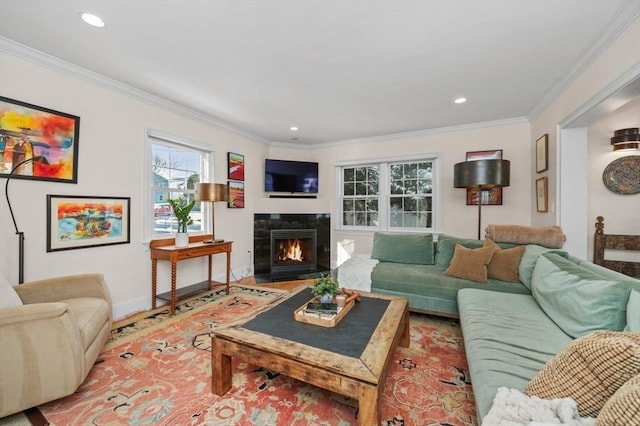 living room featuring ornamental molding and a fireplace