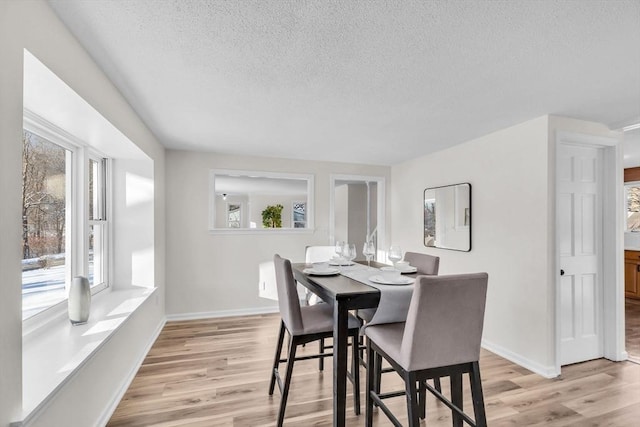 dining room featuring a healthy amount of sunlight, light hardwood / wood-style floors, and a textured ceiling