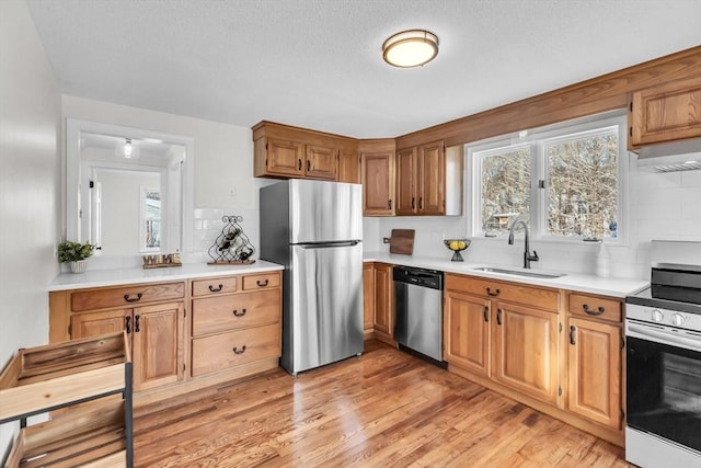 kitchen with sink, stainless steel appliances, and light wood-type flooring