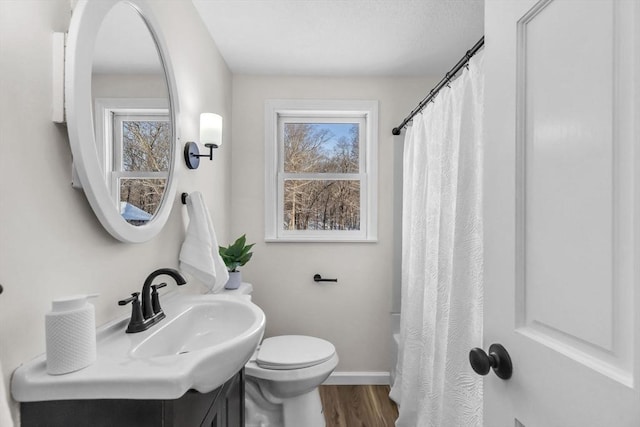 bathroom with hardwood / wood-style flooring, a wealth of natural light, toilet, and vanity