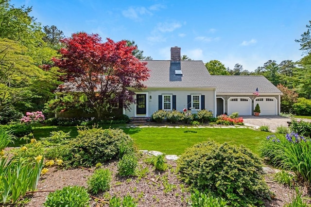 290 Cotuit Bay Dr, Barnstable, MA 02635 - cape cod house with a garage, a front yard, a chimney, driveway, and entry steps