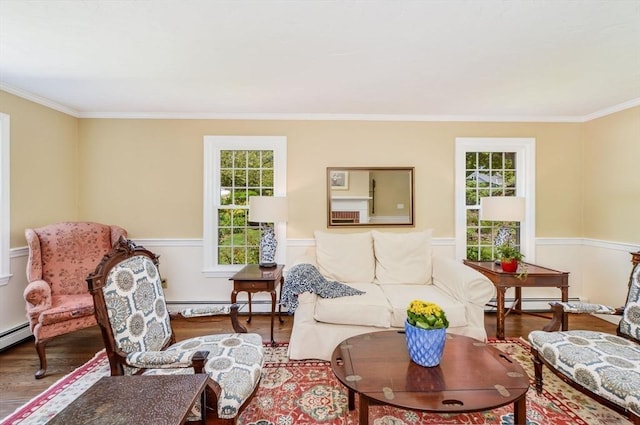 290 Cotuit Bay Dr, Barnstable, MA 02635 - living area featuring a baseboard heating unit, wood finished floors, and ornamental molding