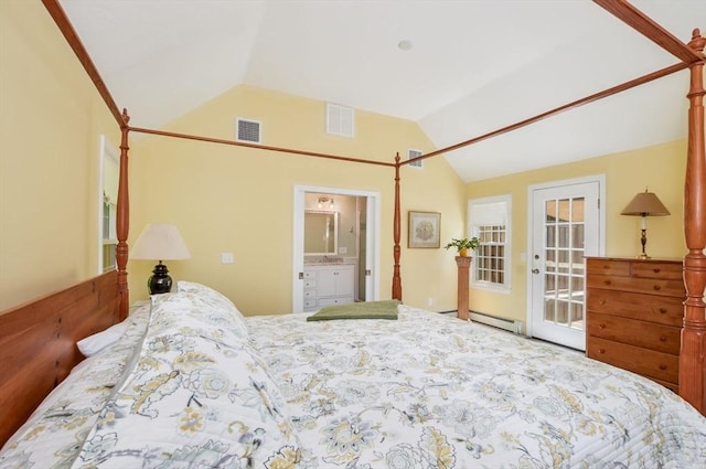 290 Cotuit Bay Dr, Barnstable, MA 02635 - bedroom featuring vaulted ceiling, access to outside, connected bathroom, and a baseboard heating unit
