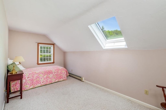 290 Cotuit Bay Dr, Barnstable, MA 02635 - bedroom with a baseboard radiator, lofted ceiling, a skylight, carpet, and baseboards
