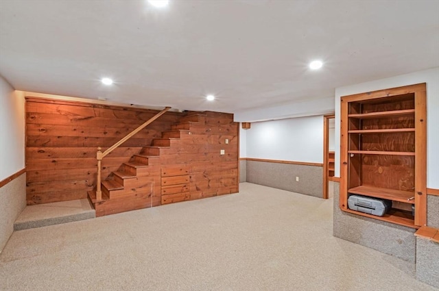 290 Cotuit Bay Dr, Barnstable, MA 02635 - finished below grade area with carpet, stairs, wooden walls, recessed lighting, and wainscoting