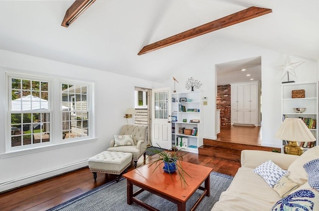 290 Cotuit Bay Dr, Barnstable, MA 02635 - living room featuring wood finished floors, beam ceiling, a baseboard heating unit, high vaulted ceiling, and baseboards