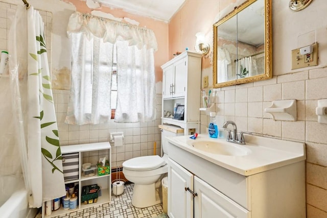 bathroom featuring shower / bath combo, tile walls, toilet, and vanity