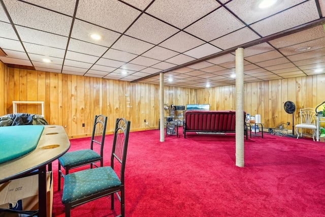 interior space featuring carpet floors and wood walls