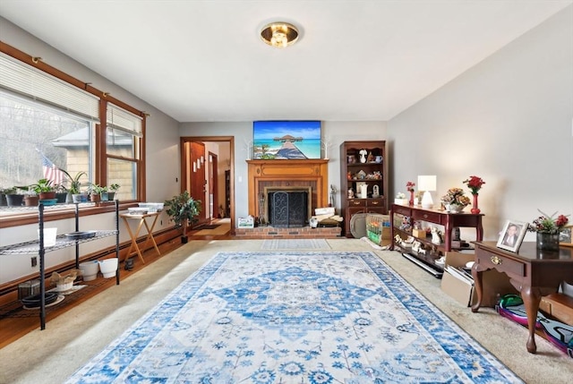 living area featuring a fireplace and baseboards