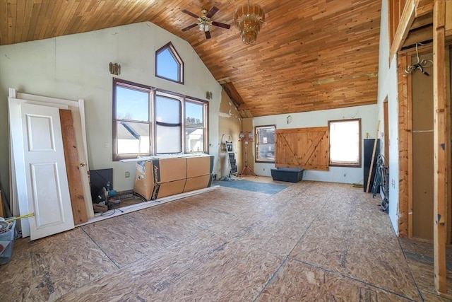 bonus room featuring ceiling fan, wood ceiling, and high vaulted ceiling