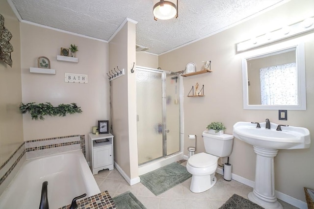 full bathroom featuring tile patterned floors, plus walk in shower, and a textured ceiling