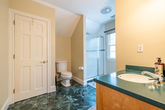 29 Hoveys Pond Dr, Boxford, MA 01921 - bathroom with a stall shower, lofted ceiling, vanity, and marble finish flooring