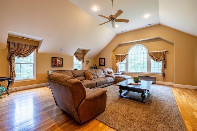 29 Hoveys Pond Dr, Boxford, MA 01921 - living room featuring light wood-style floors, lofted ceiling, ceiling fan, and recessed lighting