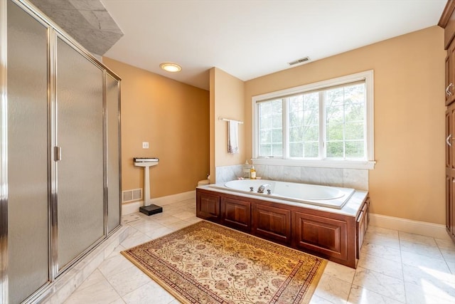 29 Hoveys Pond Dr, Boxford, MA 01921 - full bathroom with a bath, a stall shower, and marble finish floors