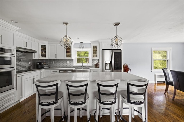 kitchen with decorative backsplash, a wealth of natural light, stainless steel appliances, and under cabinet range hood