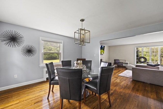 dining room with an inviting chandelier, a wealth of natural light, wood finished floors, and baseboards