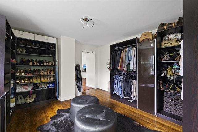 walk in closet with wood finished floors
