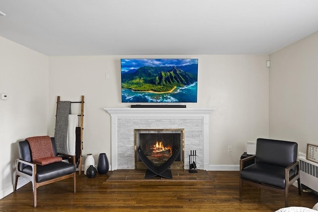 sitting room featuring radiator, baseboards, wood finished floors, and a fireplace with flush hearth