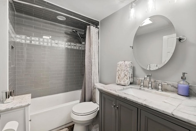 full bath featuring vanity, toilet, and shower / bathtub combination with curtain