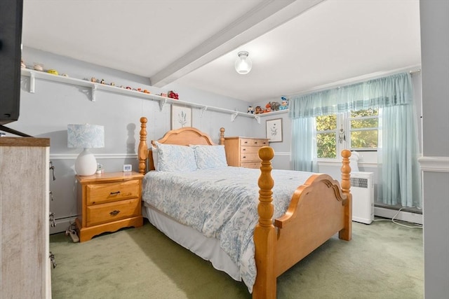 carpeted bedroom featuring beam ceiling and baseboard heating