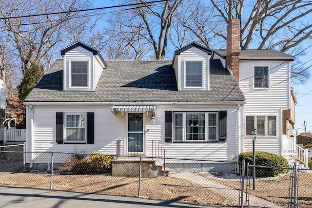 cape cod home with a gate, a chimney, a fenced front yard, and a shingled roof