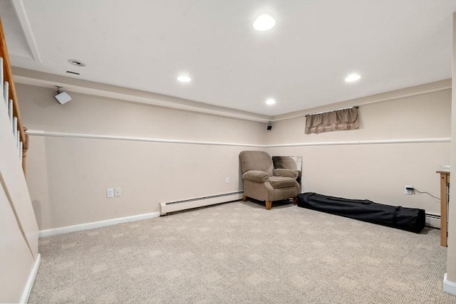 sitting room with recessed lighting, baseboard heating, and carpet flooring