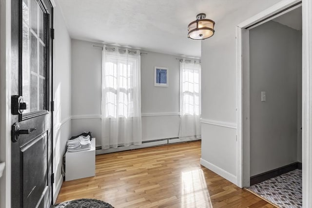 interior space with a baseboard radiator and light wood-type flooring