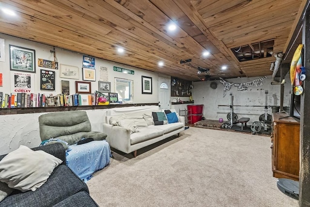 interior space with carpet and wooden ceiling