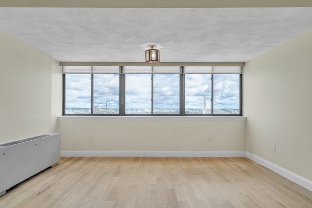 empty room featuring light hardwood / wood-style flooring, radiator heating unit, a textured ceiling, and a healthy amount of sunlight