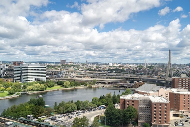 aerial view featuring a water view