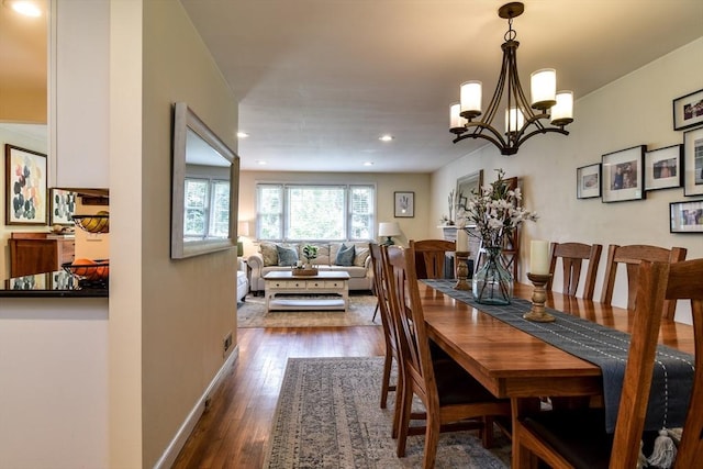 28 Foster Dr, Framingham, MA 01701 - dining space featuring dark wood finished floors, a chandelier, recessed lighting, and baseboards