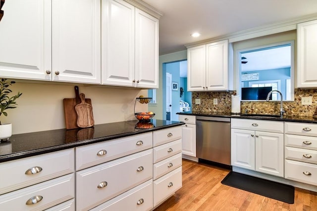 28 Foster Dr, Framingham, MA 01701 - kitchen featuring dishwasher, a sink, white cabinets, and recessed lighting