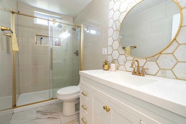 350 Wentworth Ave, Lowell, MA 01852 - bathroom with a shower stall, toilet, marble look tiles, tile walls, and vanity