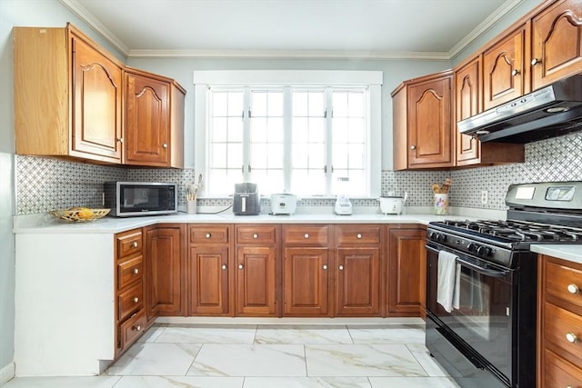 350 Wentworth Ave, Lowell, MA 01852 - kitchen featuring black range with gas stovetop, stainless steel microwave, under cabinet range hood, light marble finish floors, and brown cabinetry