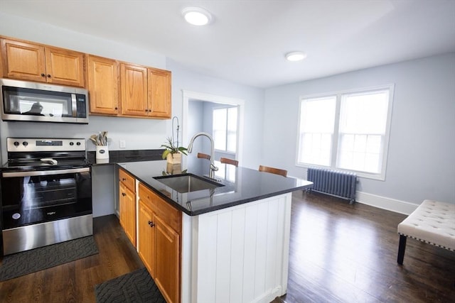 14 Fales St, Worcester, MA 01606 - kitchen featuring radiator heating unit, stainless steel appliances, a sink, dark wood-type flooring, and a peninsula