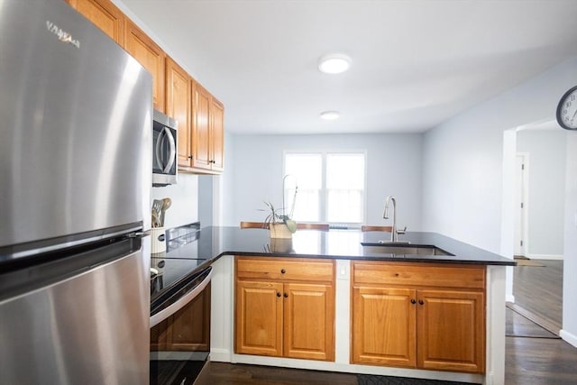 14 Fales St, Worcester, MA 01606 - kitchen featuring a peninsula, stainless steel appliances, dark wood-style floors, and a sink