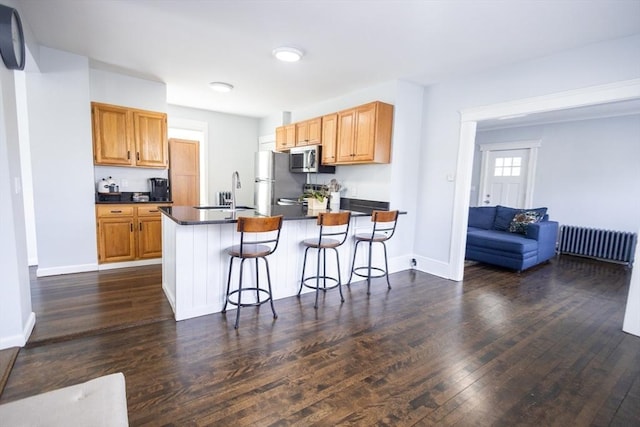 14 Fales St, Worcester, MA 01606 - kitchen with stainless steel appliances, dark countertops, a sink, a peninsula, and dark wood-style flooring