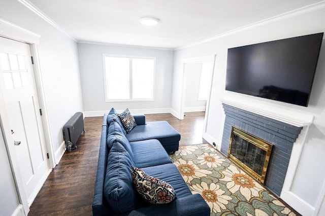 14 Fales St, Worcester, MA 01606 - living room featuring baseboards, ornamental molding, a brick fireplace, and wood finished floors