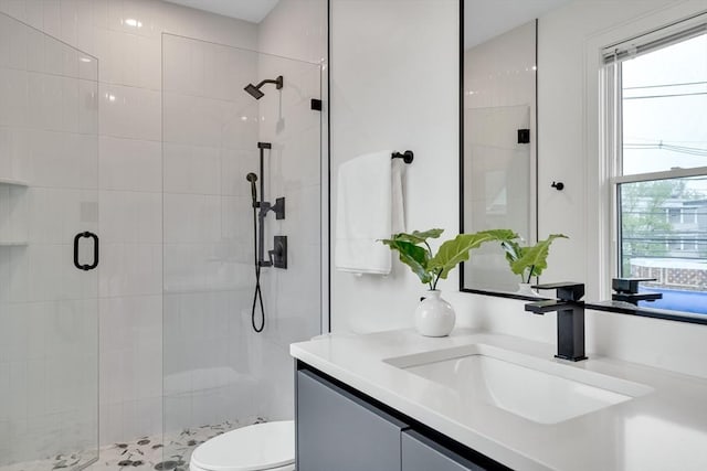 full bath featuring healthy amount of natural light, a stall shower, vanity, and toilet