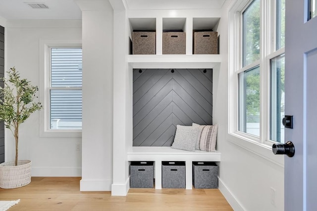 mudroom with baseboards, wood finished floors, and healthy amount of natural light